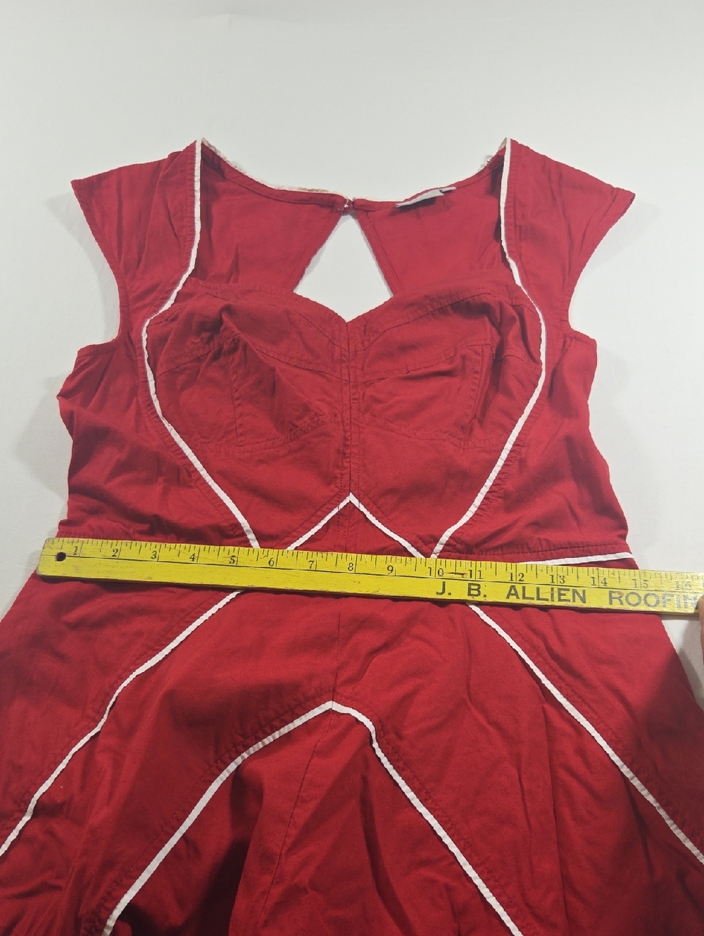 eshakti Red Cap-Sleeve Fit-and-Flare Midi Dress White Piping Tailored Look Party - Picture 13 of 16
